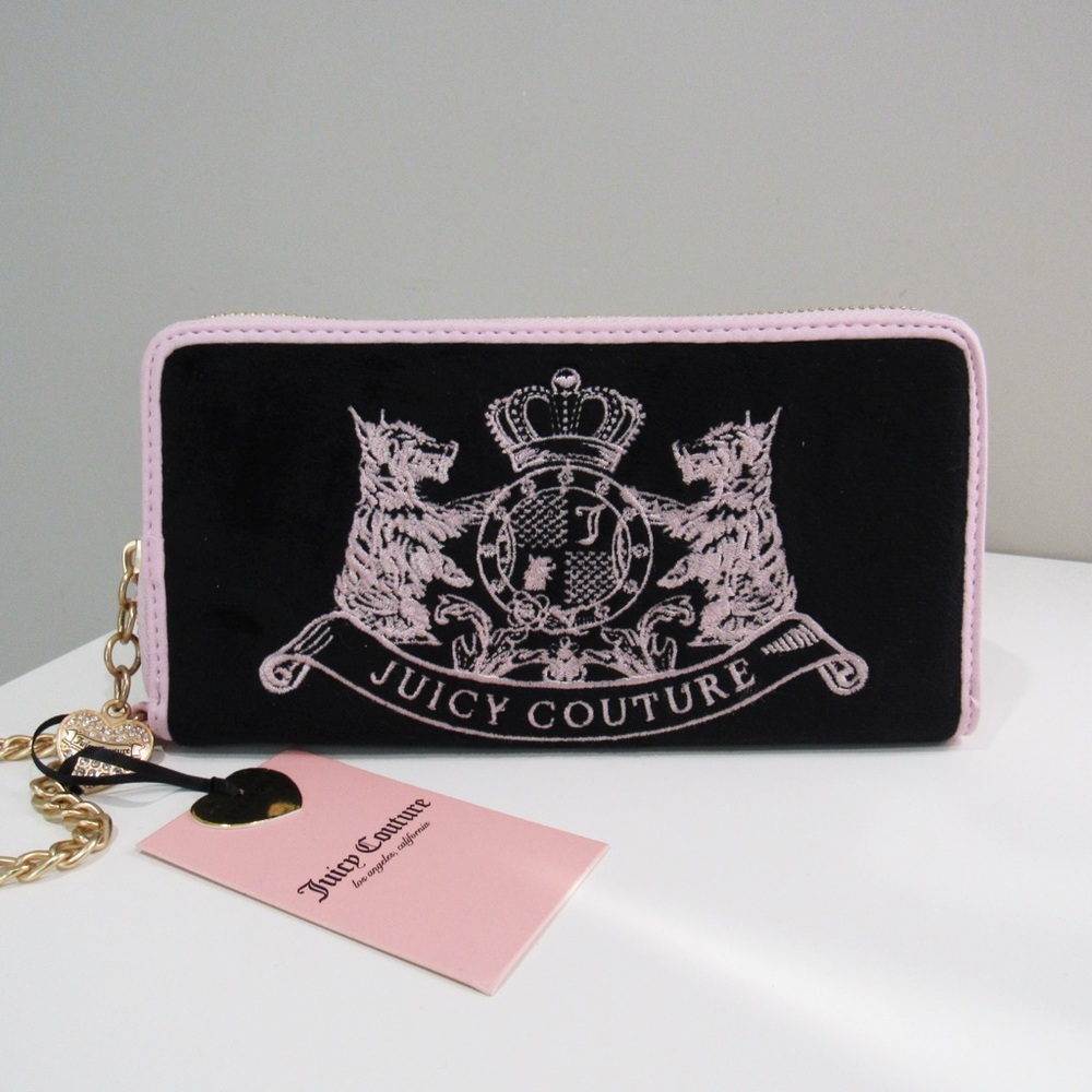 NEW! Juicy Couture Scottie Dog Large Zip Around Wristlet Wallet Black Velour